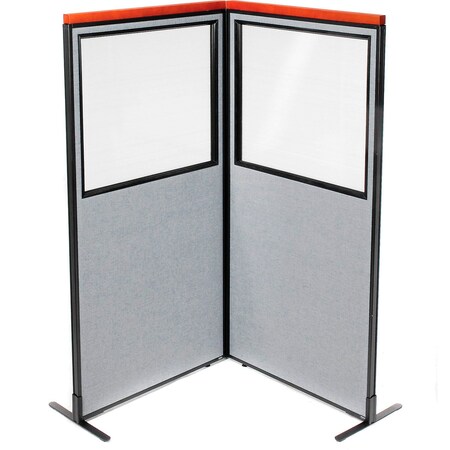 Interion By Global Industrial Interion Deluxe Freestanding 2-Panel Corner Divider w/Partial Window 36-1/4inW x 73-1/2inH Gray 695015GY